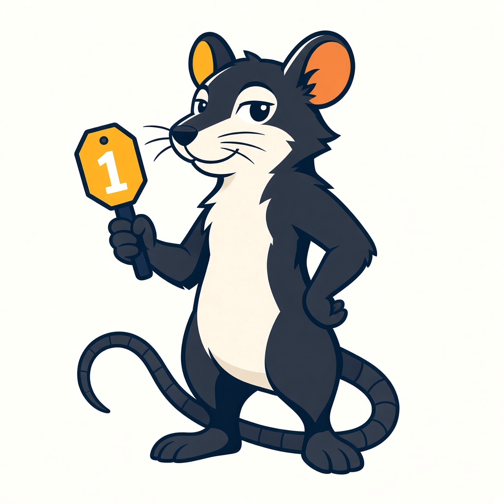 The Auction Rat mascot holding an auction paddle marked one